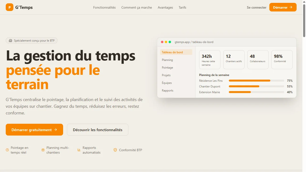 G'Temps — SaaS de gestion du temps pour le BTP : pointage, plannings et rapports